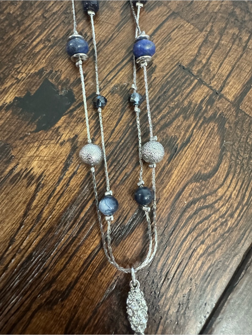 White House Black Market Silver Multi-Strand Tassel Necklace with Blue Beads